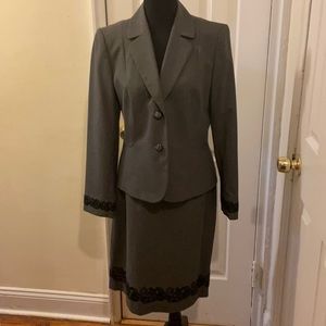 Tahari Gray Skirt Suit w/ Black Lace Detailing